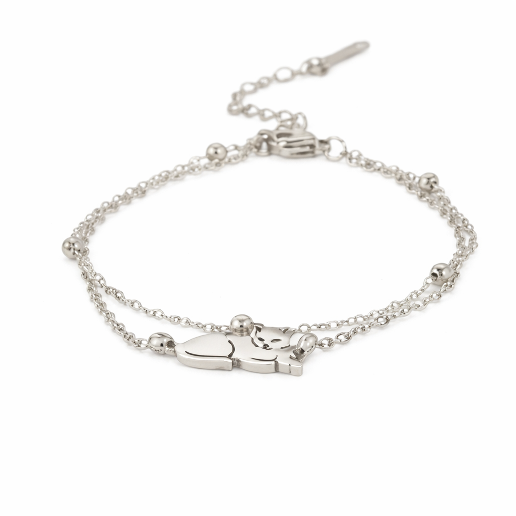 Bracelet Chat Minimaliste – Double Chaîne Ajustable